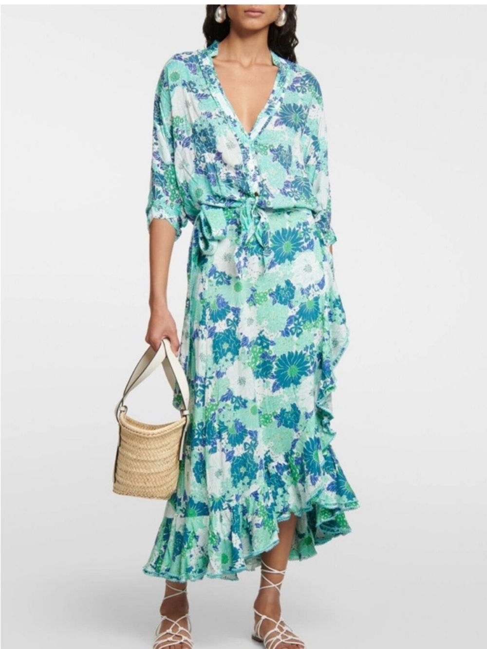 Poupette St Barth Floral Ruffle Wrap Midi Skirt in Aqua Green size XS/S